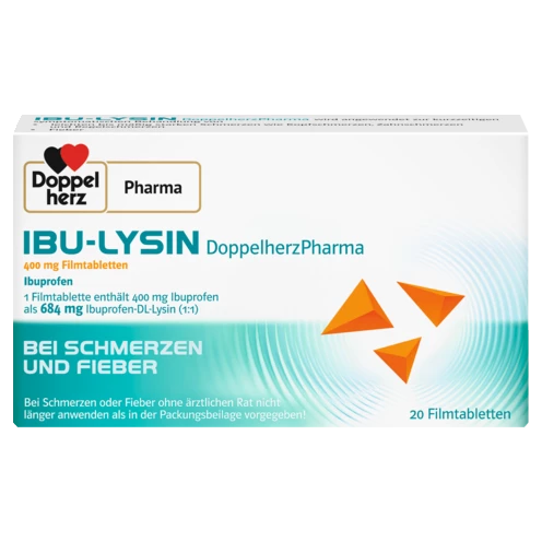 Abbildung der Produktverpackung DoppelherzPharma IBU-LYSIN DoppelherzPharma 400 mg Filmtabletten Frontansicht